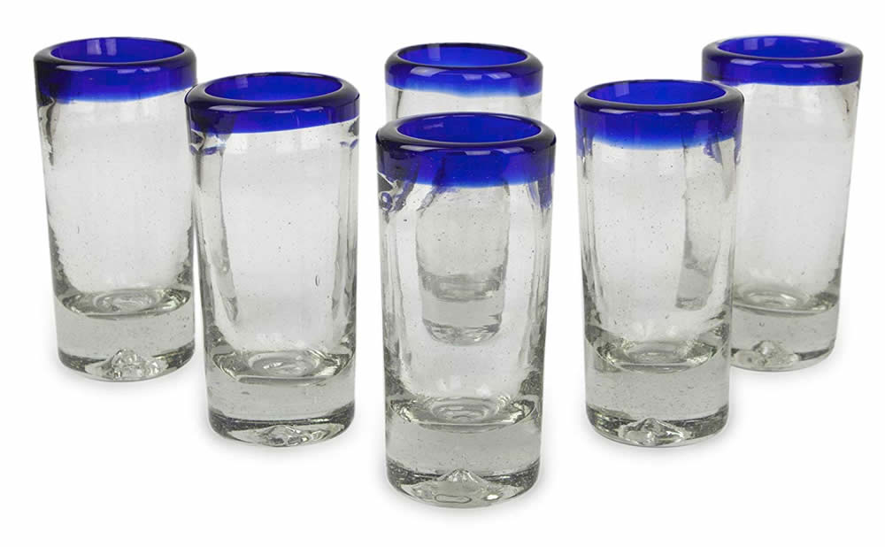 Cool Shot Glasses for 2020 15 NOVICA Artisan Crafted Hand Blown Clear Blue Rim Recycled Glass Shot Glasses, 2 oz